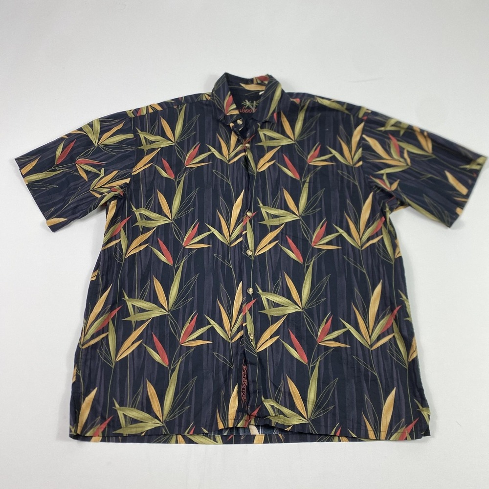 Bamboo Cay Camp Shirt Mens Medium Black Hawaiian‎ Aloha Bamboo Leaf Cotton Lawn